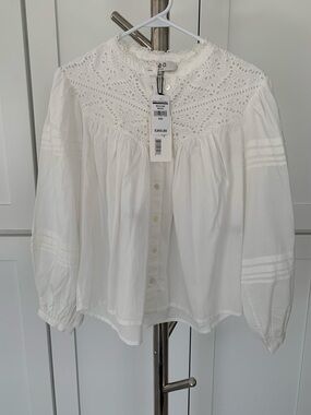 NWT Sea New York White Crochet-Yoke Button Front Blouse, size XXS.